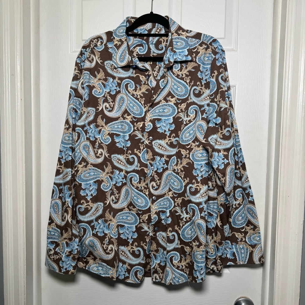 Tasso Elba Paisley Button Down Shirt Brown Blue XXL Retro Bold